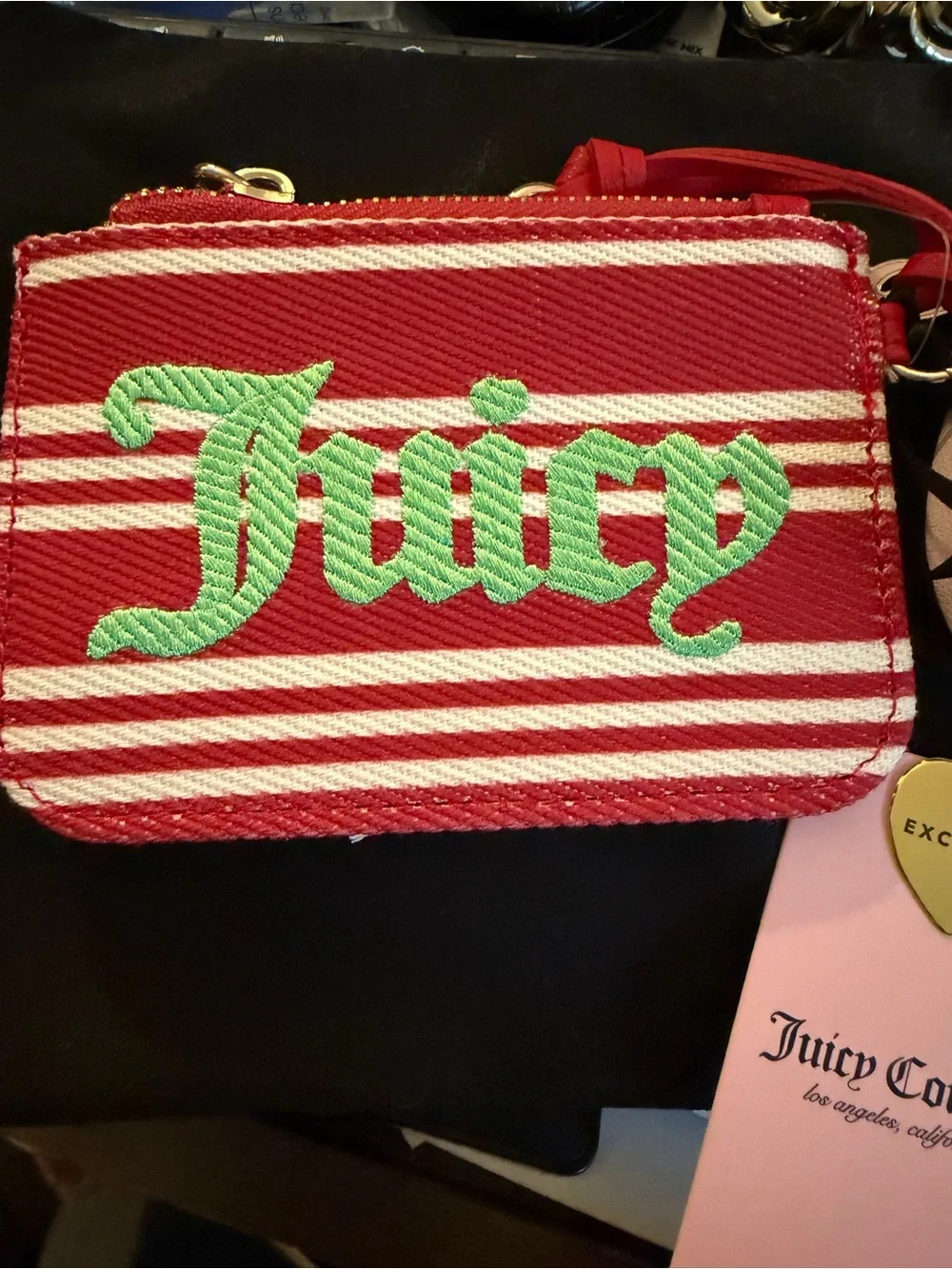 Juicy Couture Red & Pink Stripe Key/Card Holder with Strawberry Charm